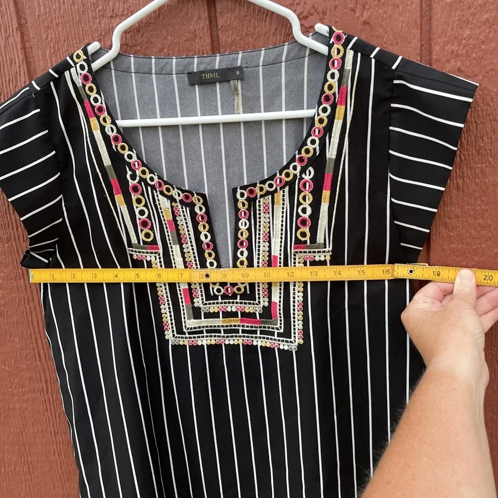 THML top Medium Black White Striped With Green Tan Pink And Yellow Embroidery - Picture 16 of 16